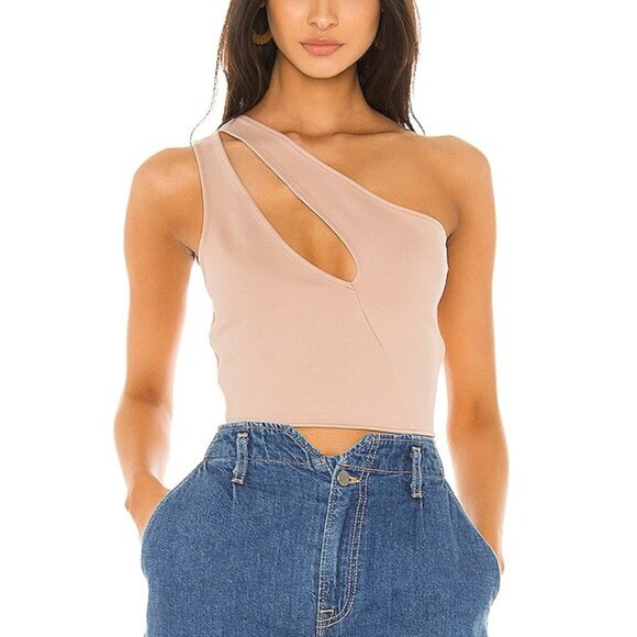 superdown Tops - Asymmetrical Beige One Shoulder Crop Top, Nava, Revolve, Superdown, size large